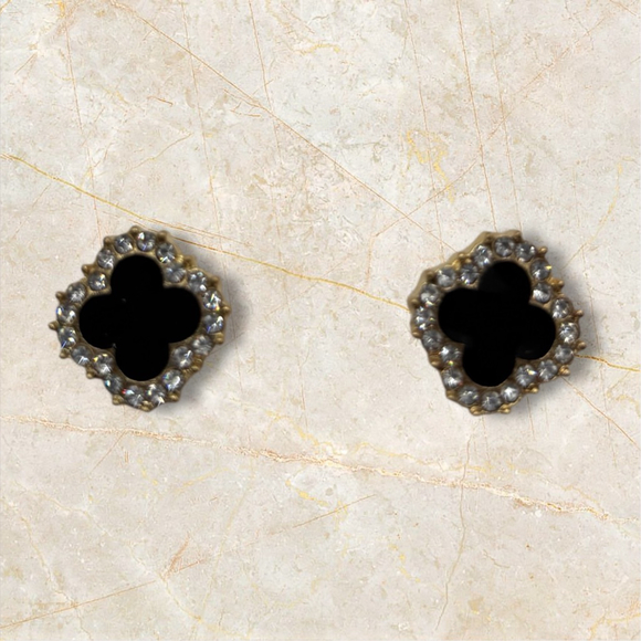 Clover Stud Black Gold Earrings - Picture 3 of 3